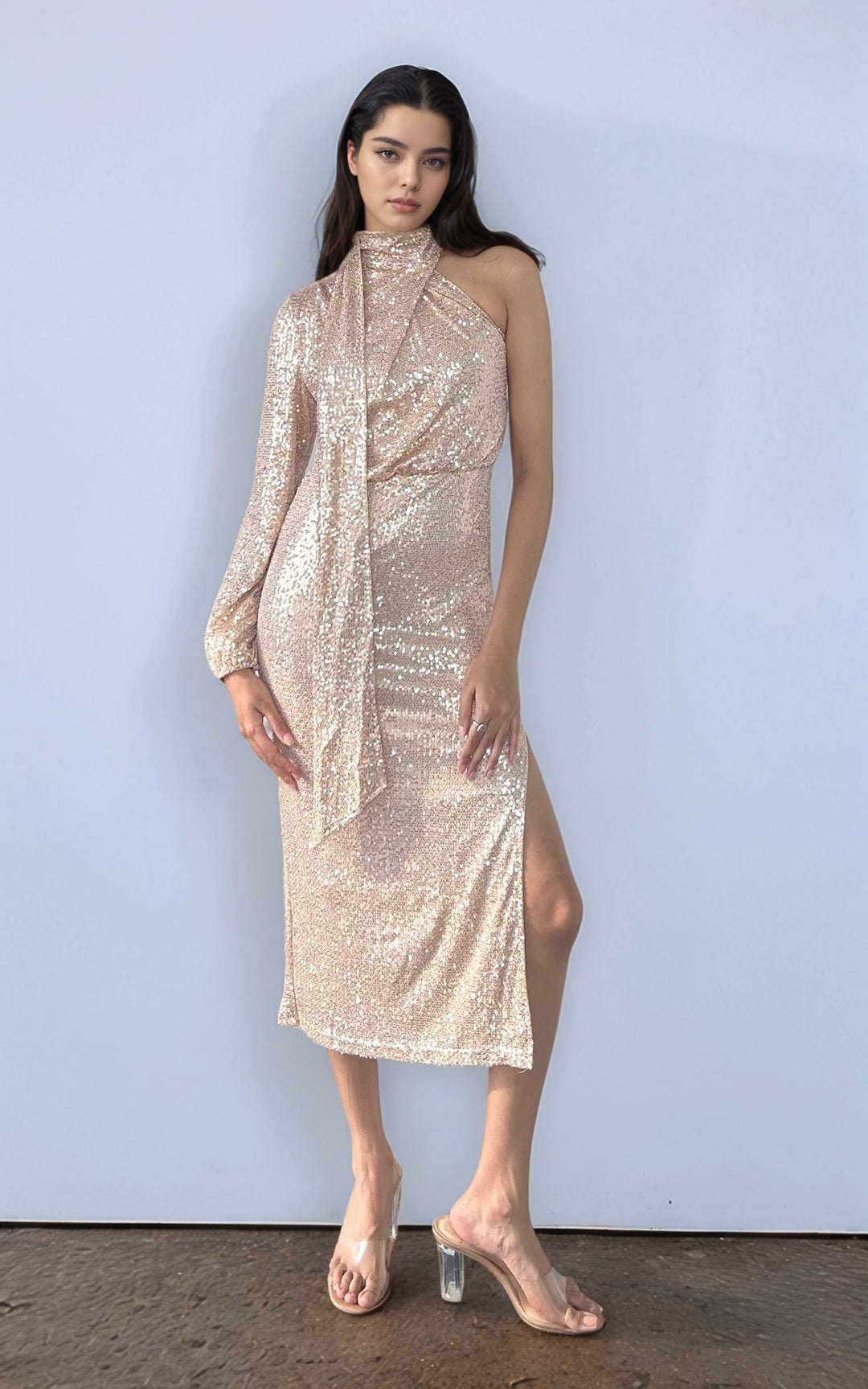 Nude Cold Shoulder Sequined Dress