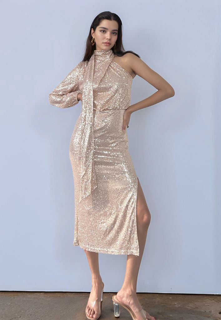 Nude Cold Shoulder Sequined Dress