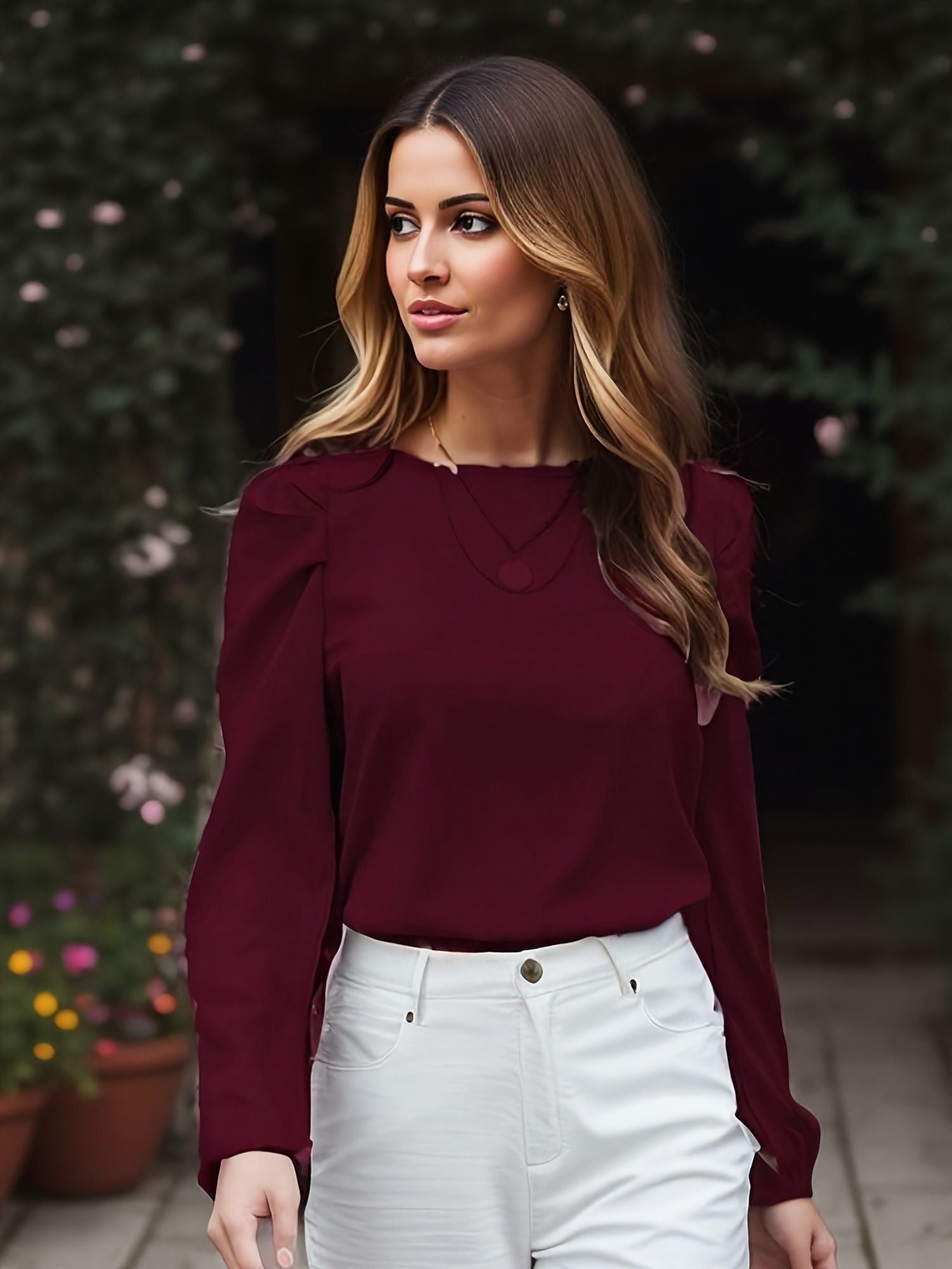 Wine Full Sleeves With Sleeve Detail Top