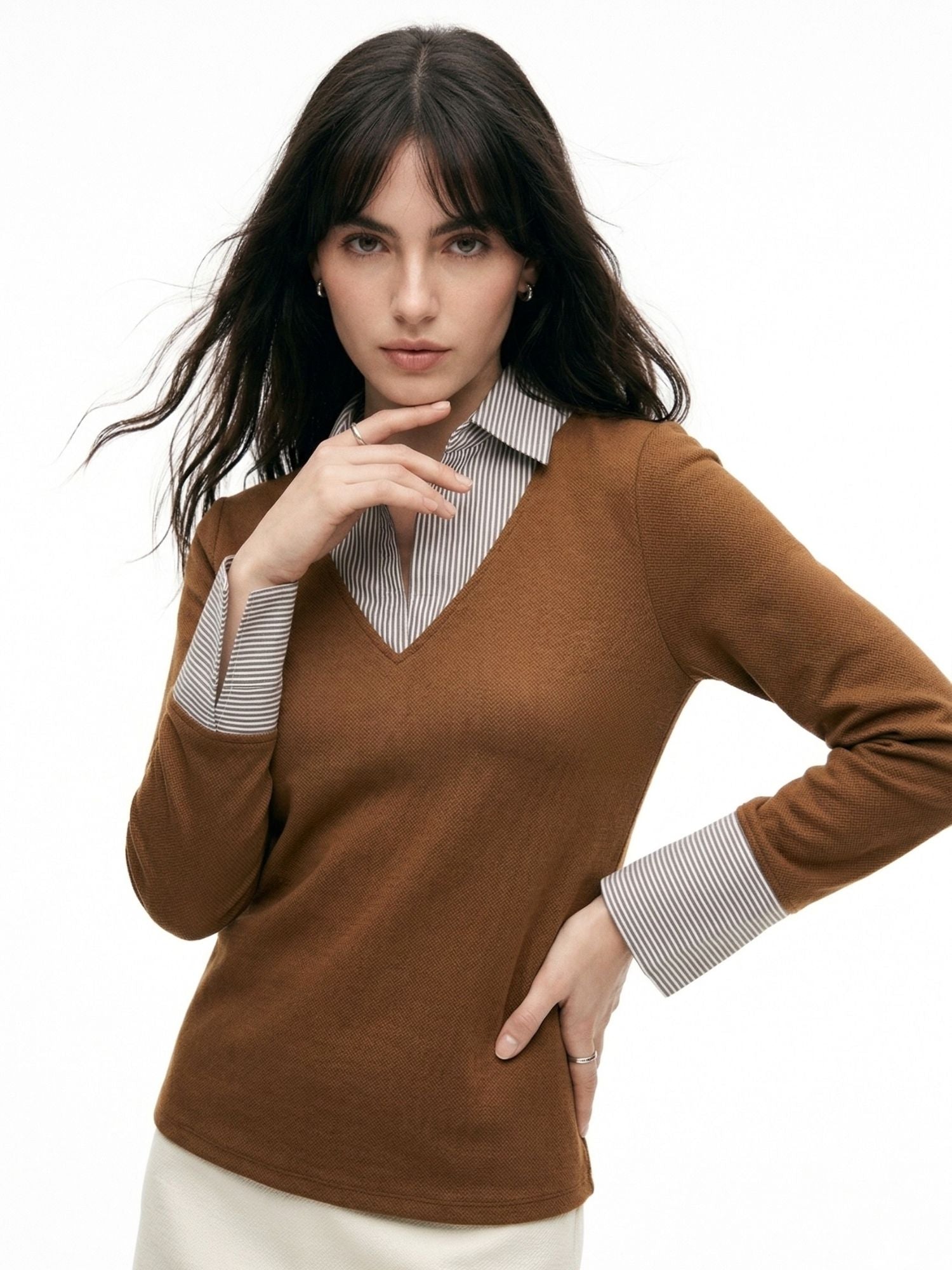 Brown Full Sleeve Contrast Collar Fitted Top