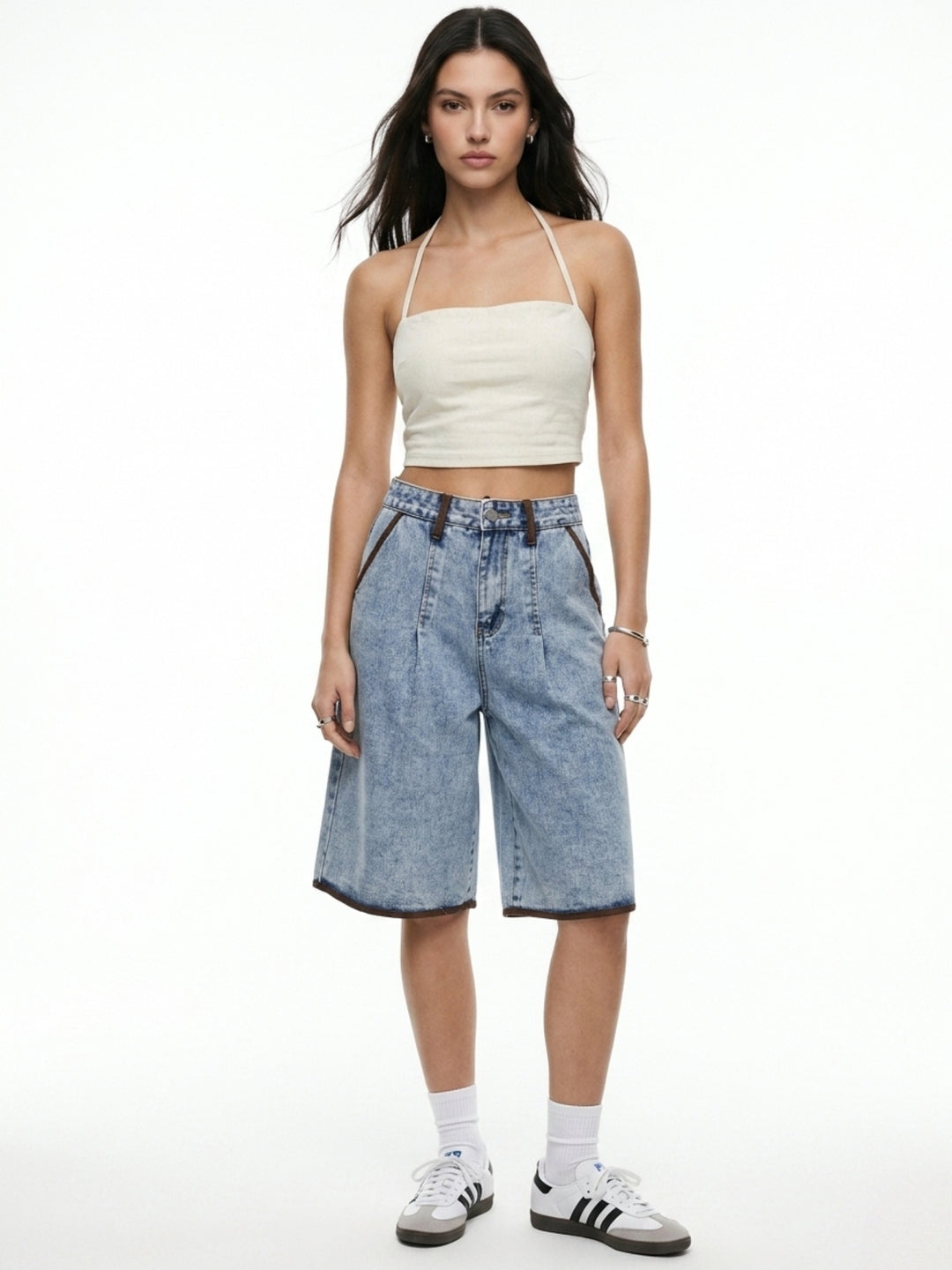 Light Blue Contrast Hem Bermuda Shorts