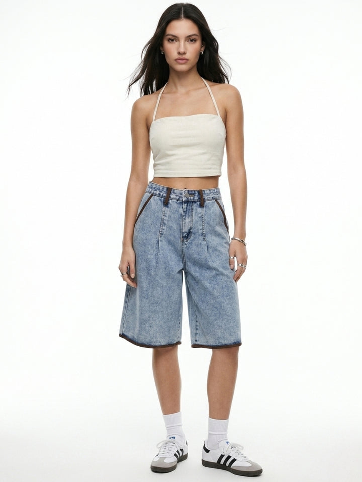 Light Blue Contrast Hem Bermuda Shorts