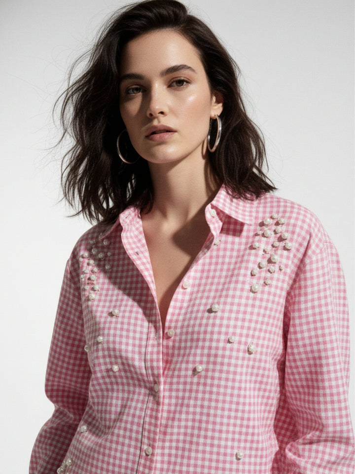 Pink Oversized Check Shirt With Placement Embellishment Detail