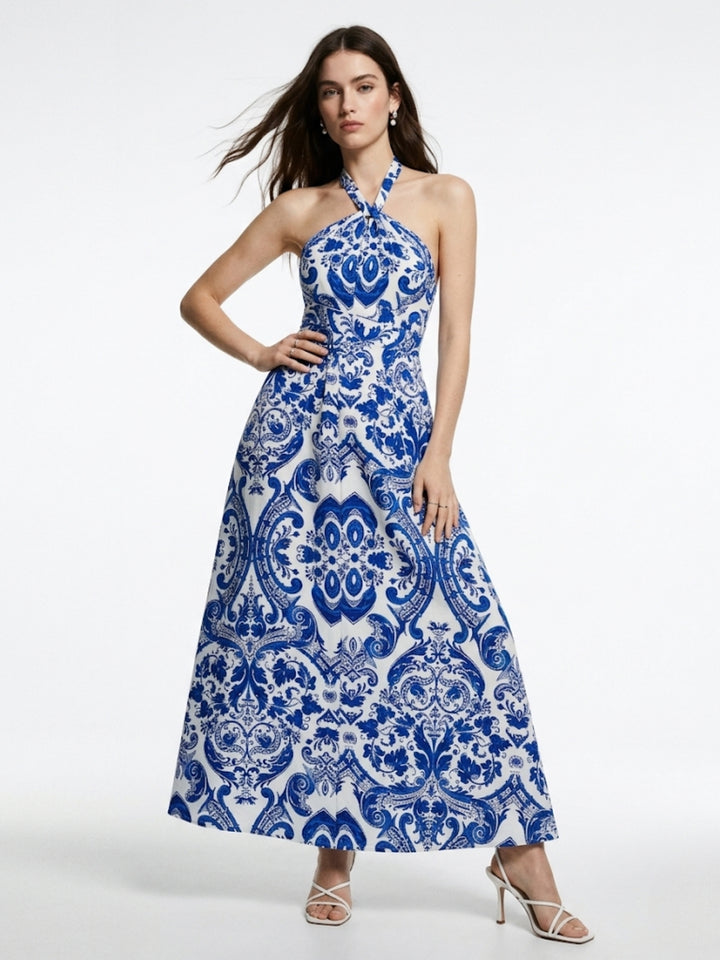 Blue Halter Neck Printed Dress