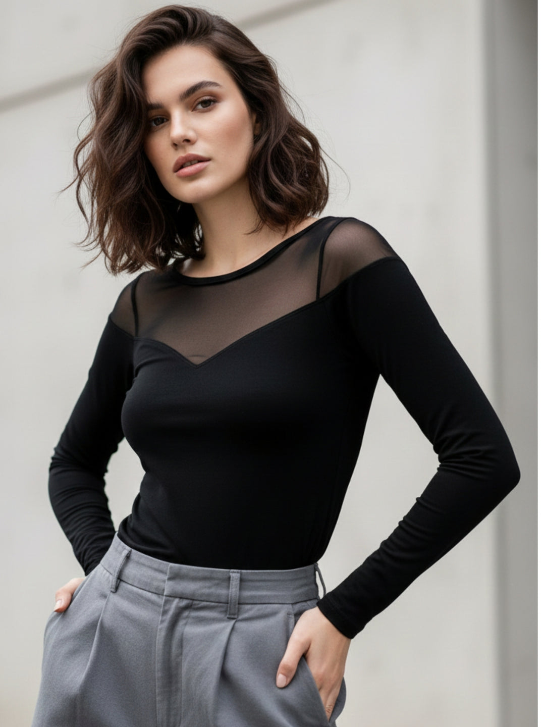 Black Full Sleeve Mesh Detail Top
