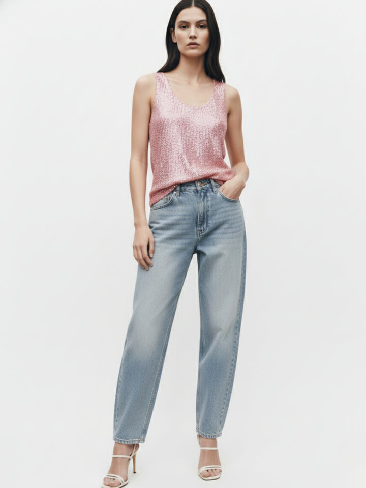 Pink Shoulder Strap Sequined Top