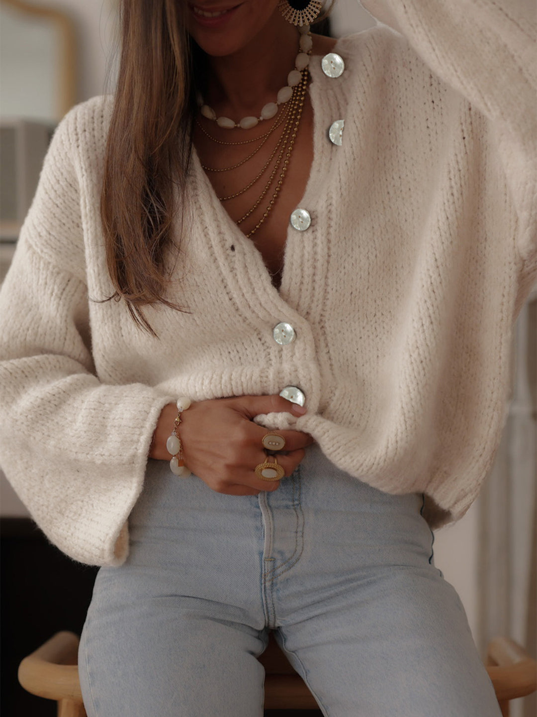 Cream Full Sleeves Button Down Slouchy Cardigans