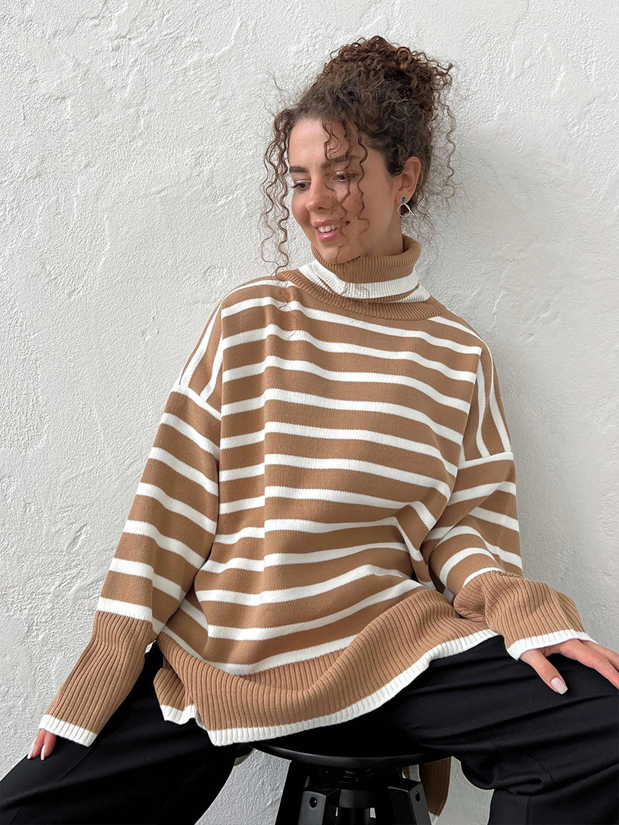 Khaki Turtle Neck Striped Sweater