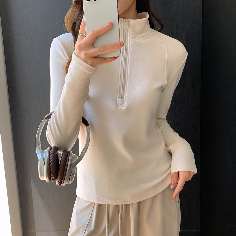 Cream Full Sleeves Half Zip Sweatshirt