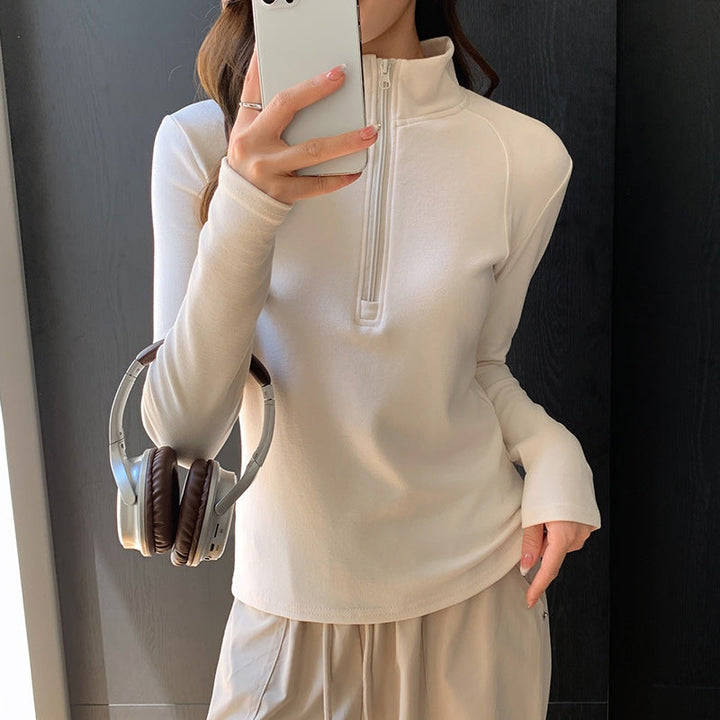 Cream Full Sleeves Half Zip Sweatshirt