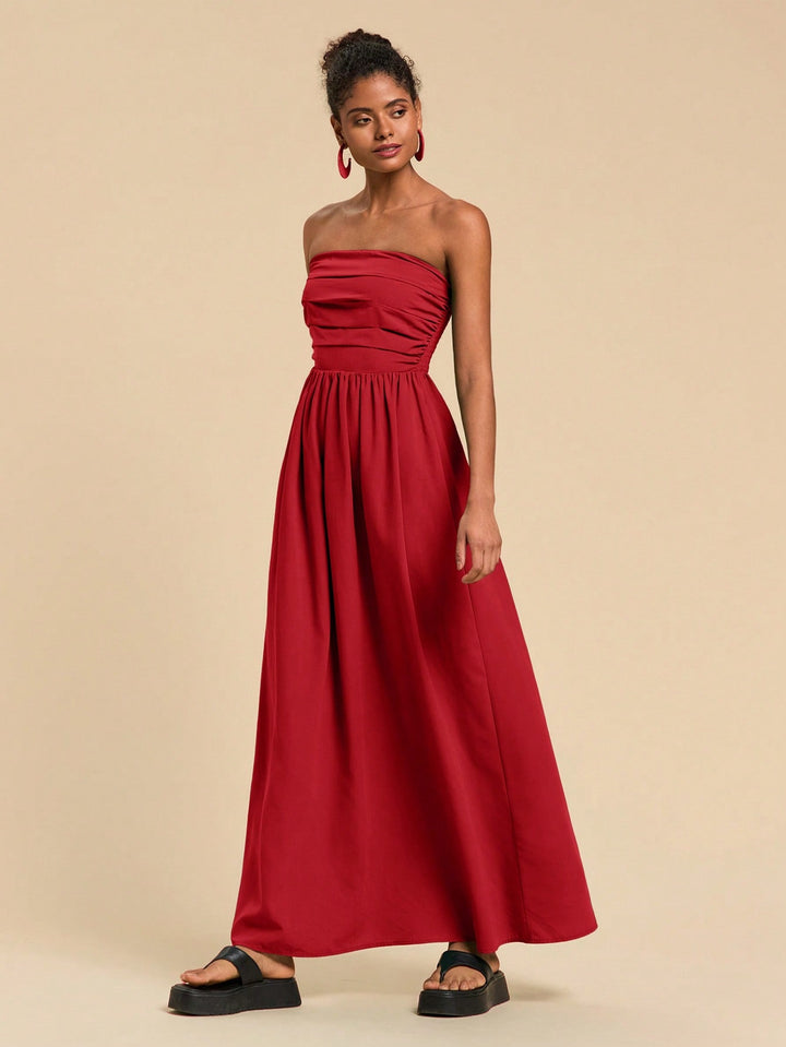 Red Tube Solid Maxi Ruched Dress