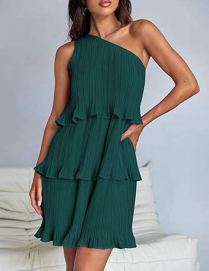 Green One Shoulder Three Tiered Pleated Dress