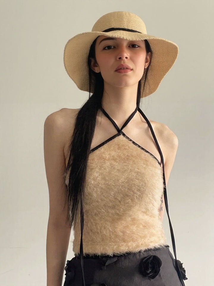 Peach Fur Halter Neck Top
