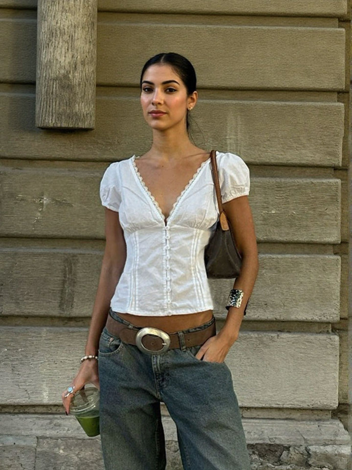 White Top With Lace And Pleats Detail
