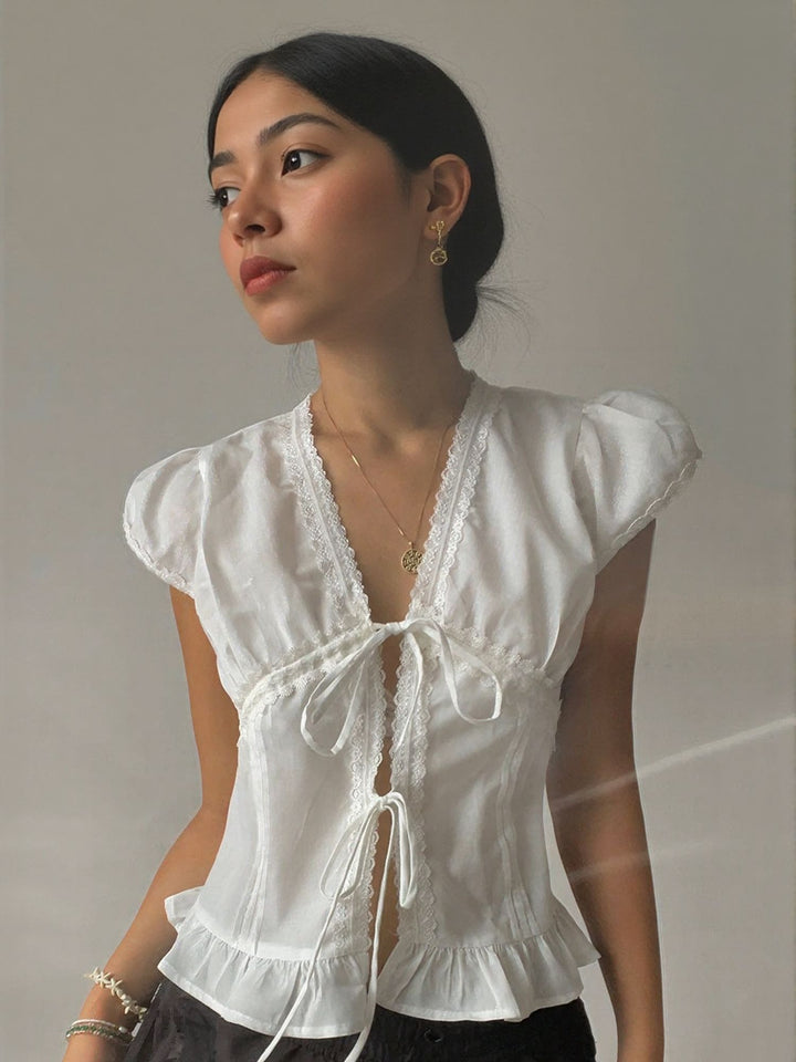 White Top With Front Tie Up And Puff Sleeves