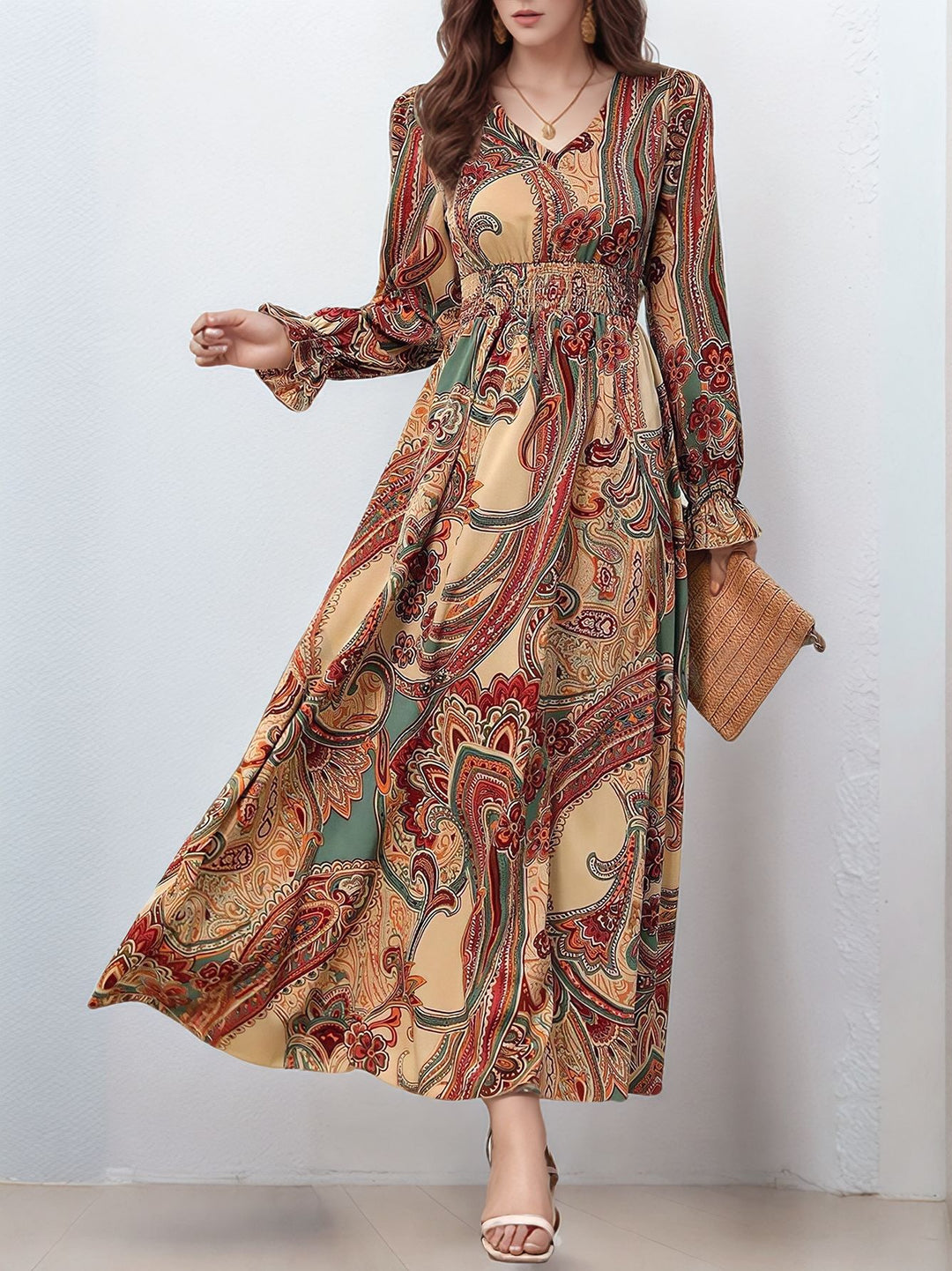 Brown Bishop Sleeve V Neck Printed Dress
