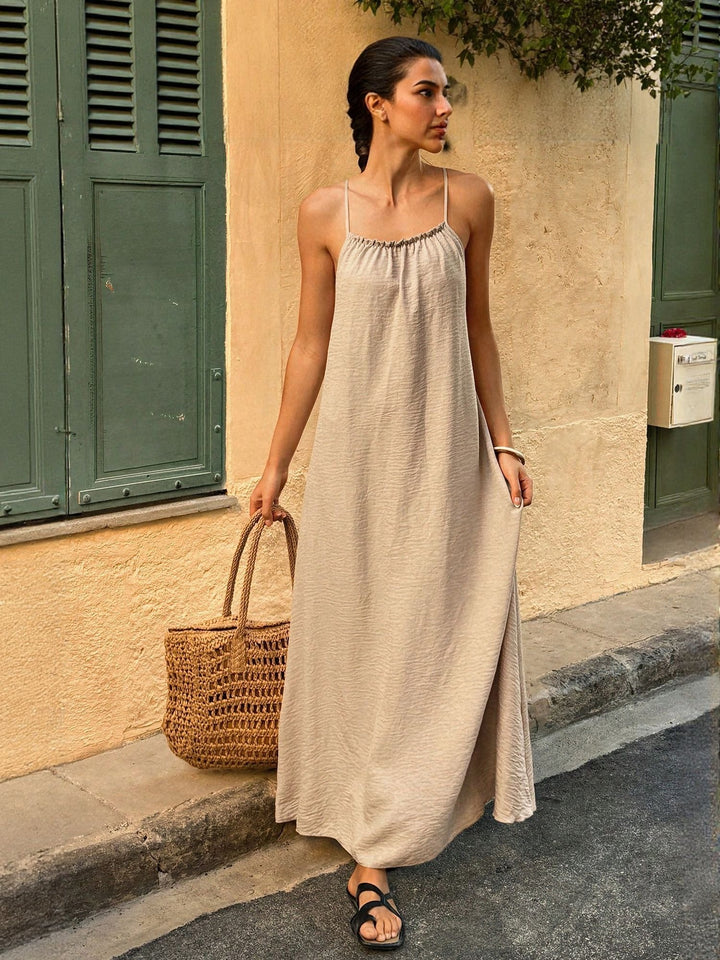 Beige Backless Flared Maxi