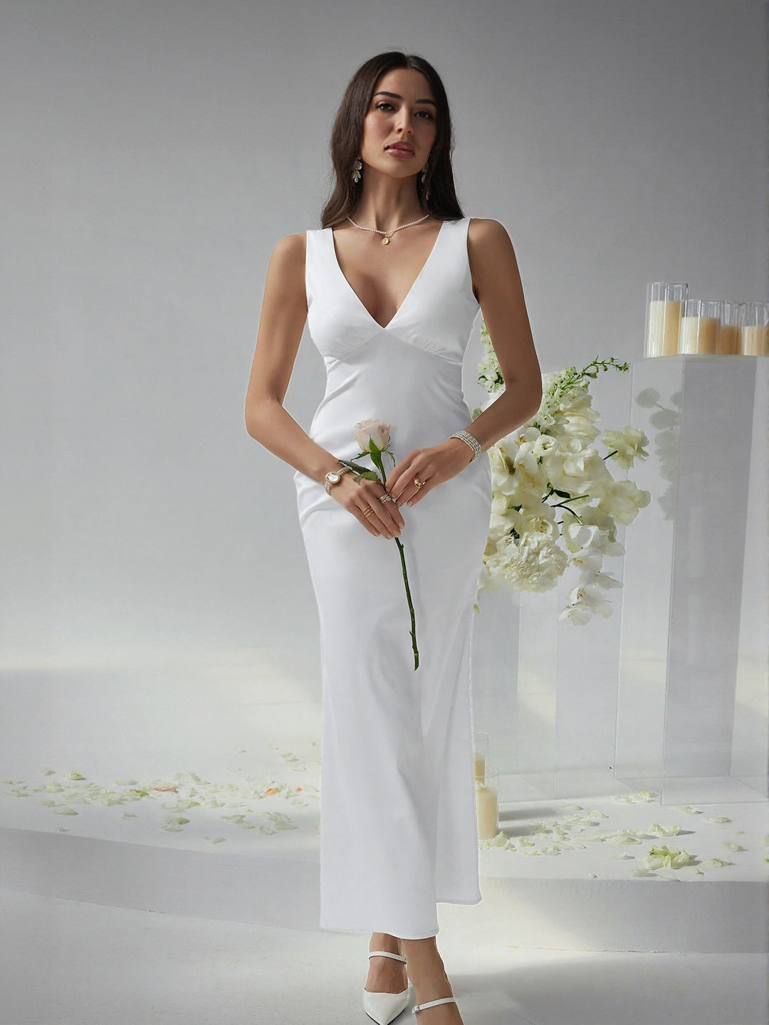 White  V Neck Fitted Maxi Dress