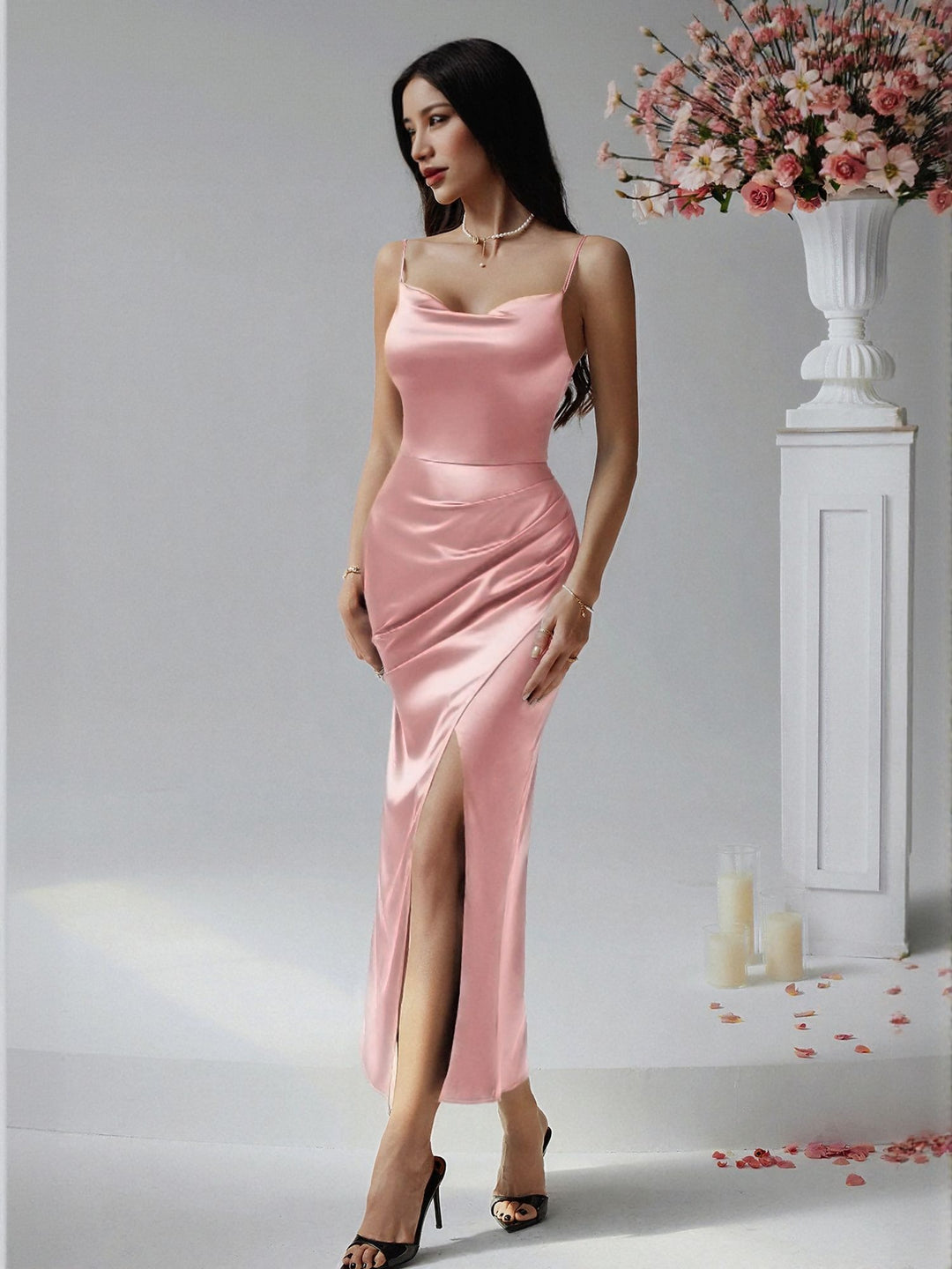 Pink Cowl Neck Maxi Dress
