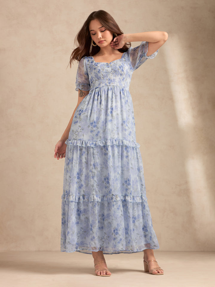 Blue Floral Printed Maxi Dress