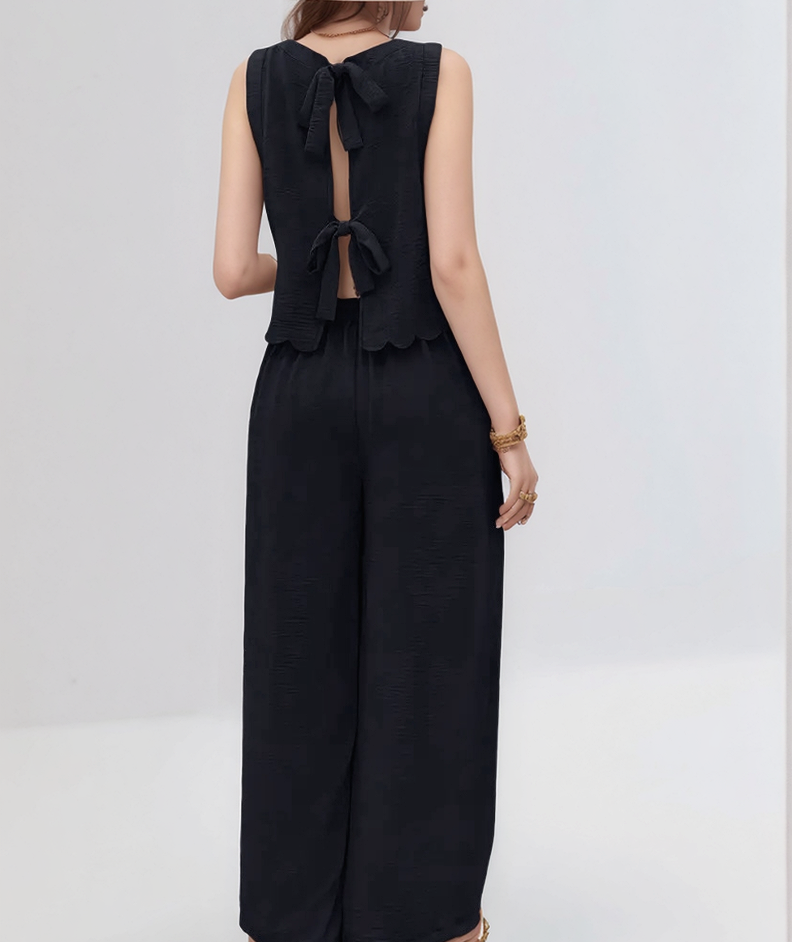 Black Sleeveless Scallop Hem  Back Tie Top Up And Pant Set