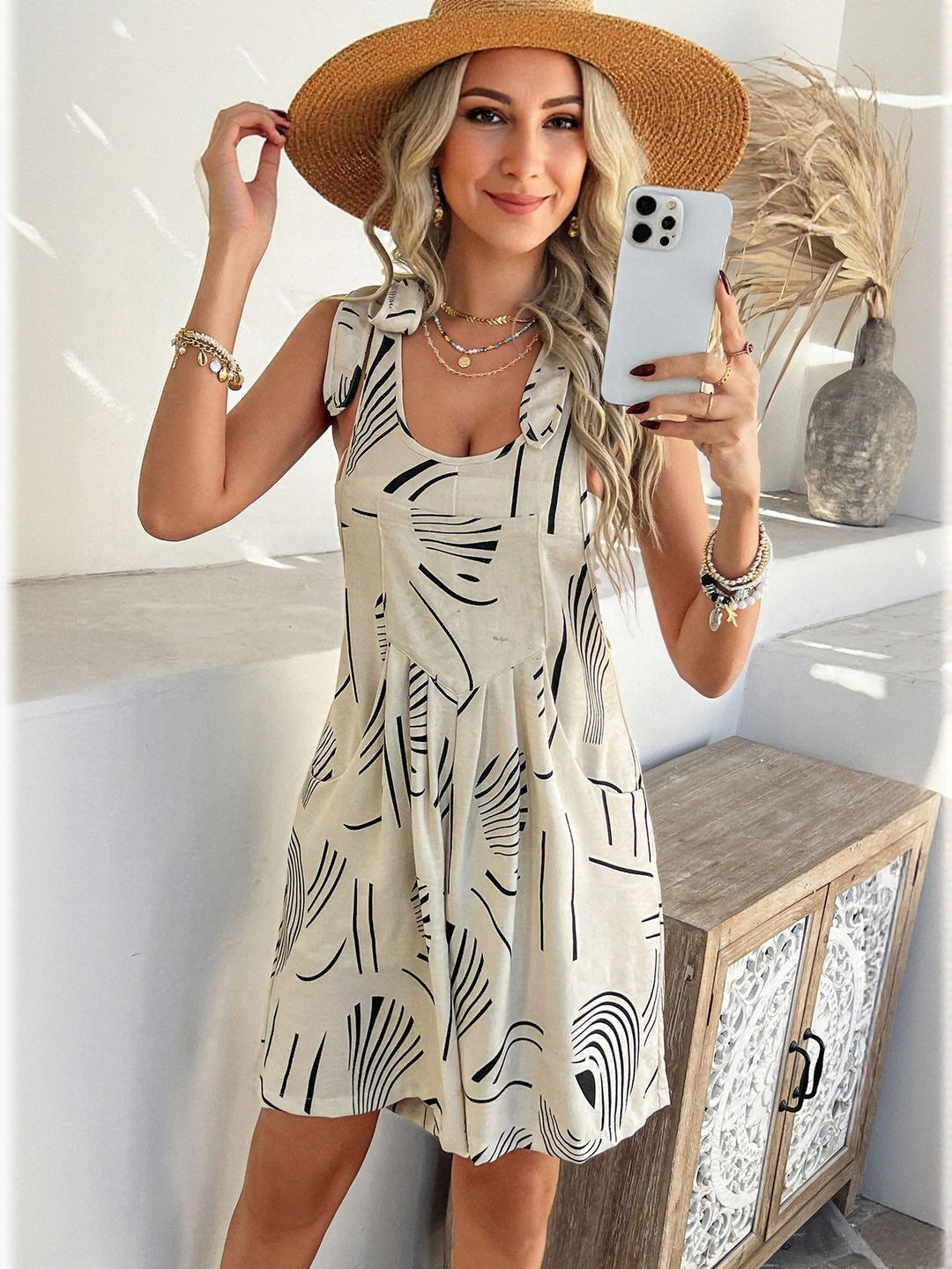 Beige Printed Tie Up Romper