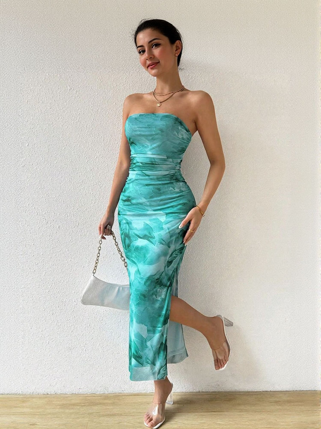 Aqua Digital Print Mesh Tube Dress