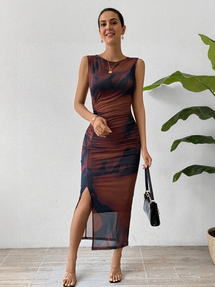Brown Fitted Midi Dress With Side Ruching Detail