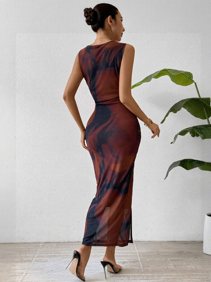 Brown Fitted Midi Dress With Side Ruching Detail