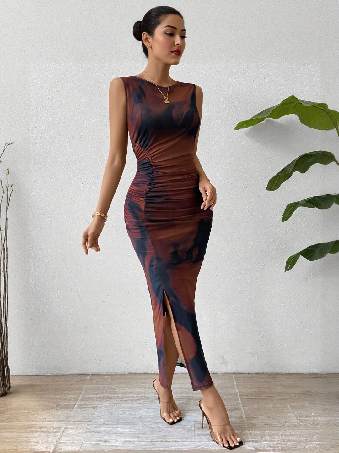Brown Fitted Midi Dress With Side Ruching Detail