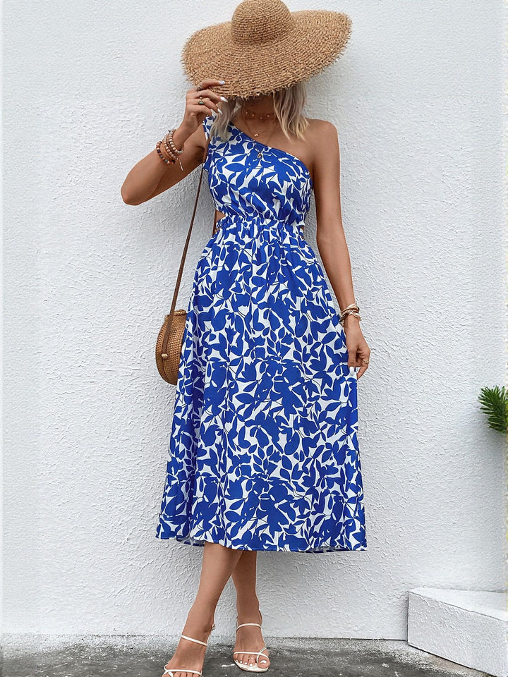 Blue One Shoulder Fit And Flare Midi Dress