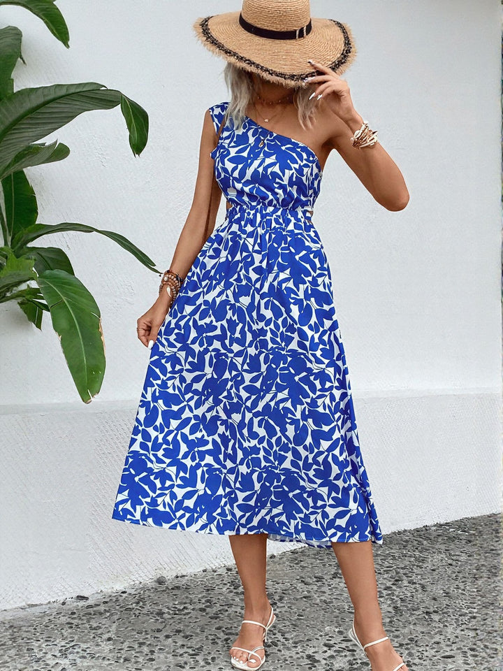 Blue One Shoulder Fit And Flare Midi Dress