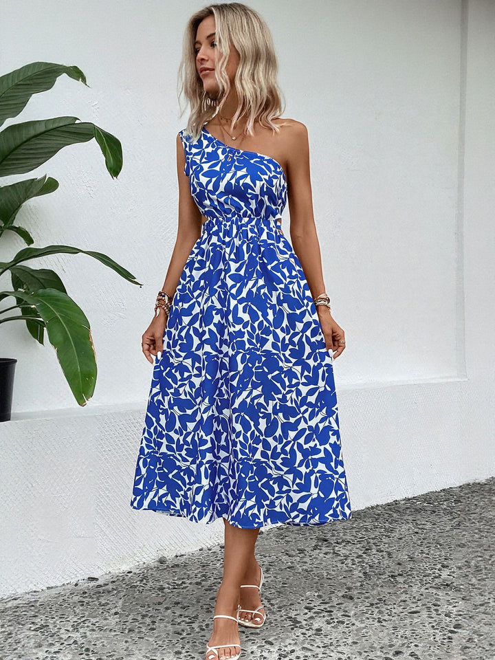 Blue One Shoulder Fit And Flare Midi Dress