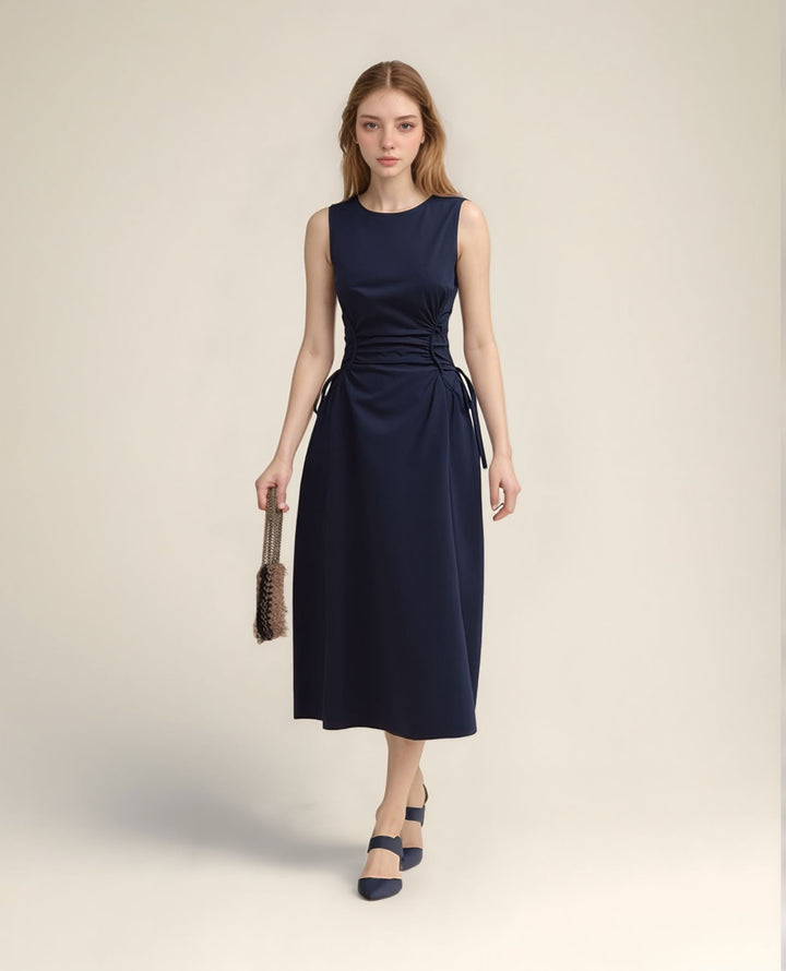 Navy Blue Midi Dress With Exaggerated Waist Detail