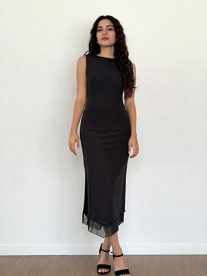 Black High Slit Flouncy Dress