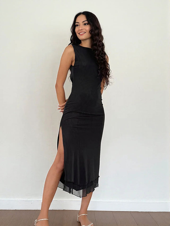 Black High Slit Flouncy Dress