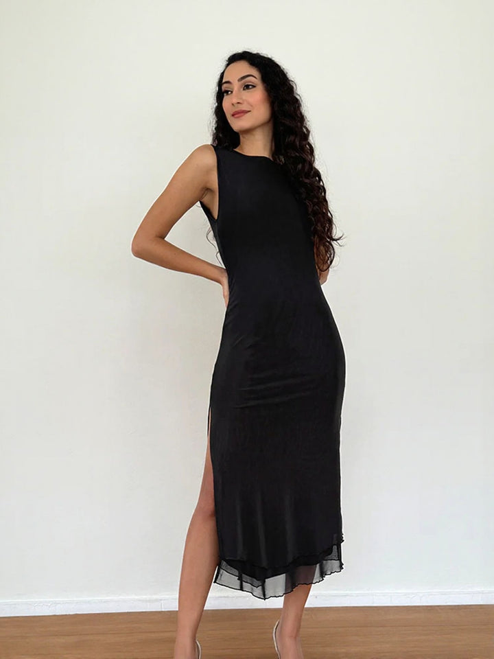 Black High Slit Flouncy Dress