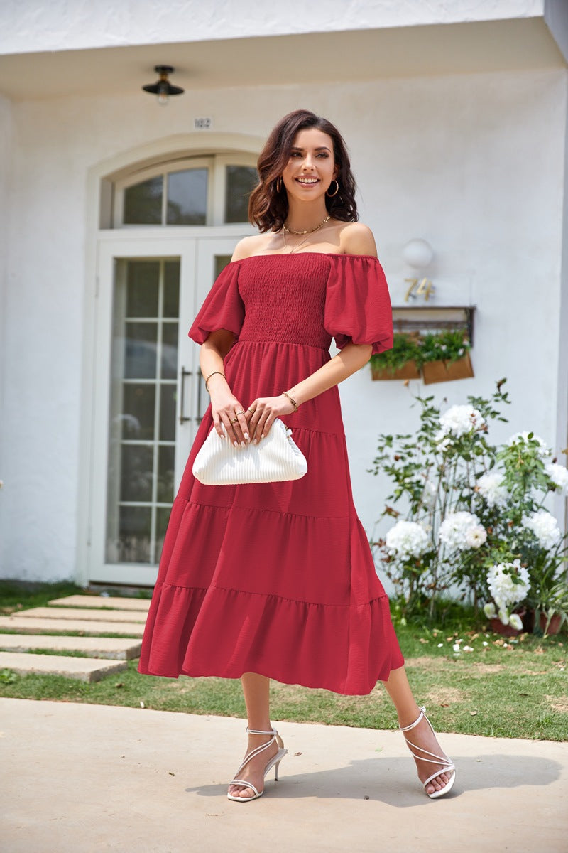 Red Square Neck Puff Sleeved Tiered Dress