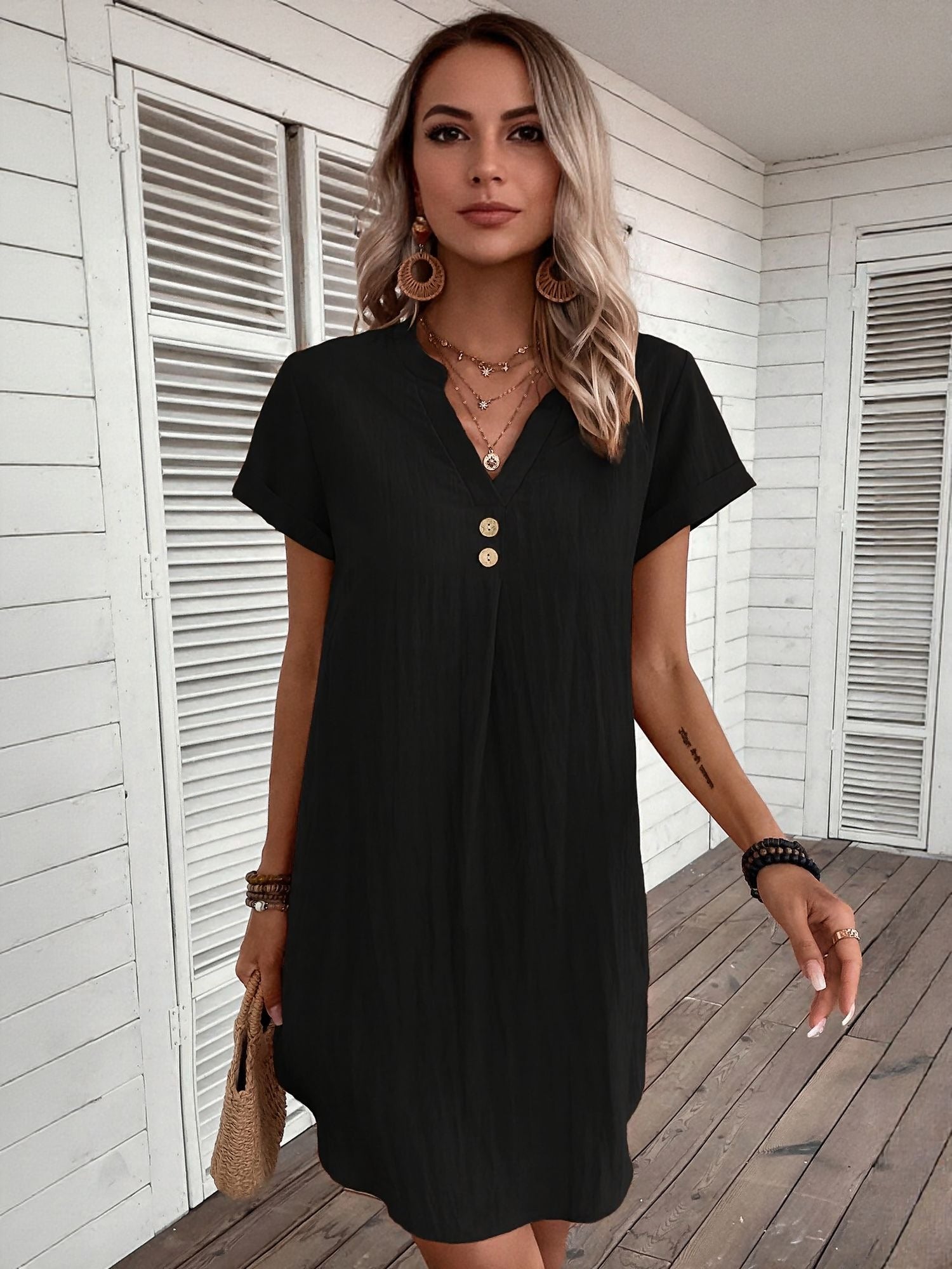 Black Short Sleeve Shift Dress