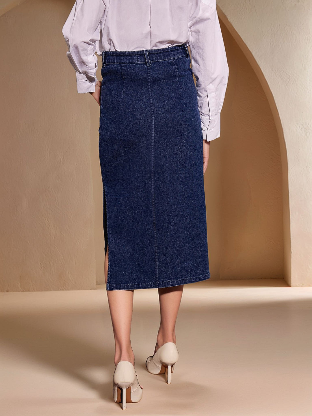 Navy Blue High Waist Side Slit Skirt