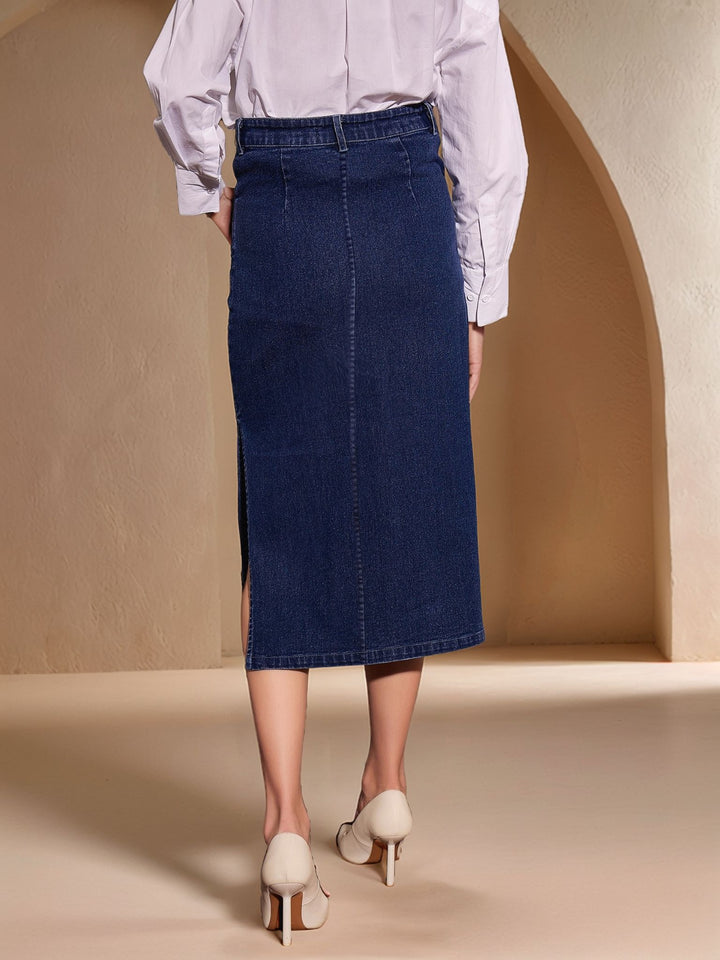 Navy Blue High Waist Side Slit Skirt