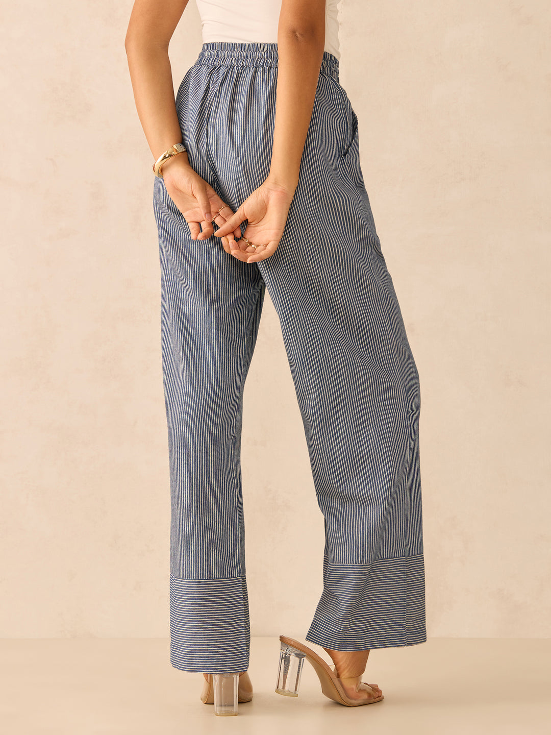 Blue Wide Leg Stripes Trousers