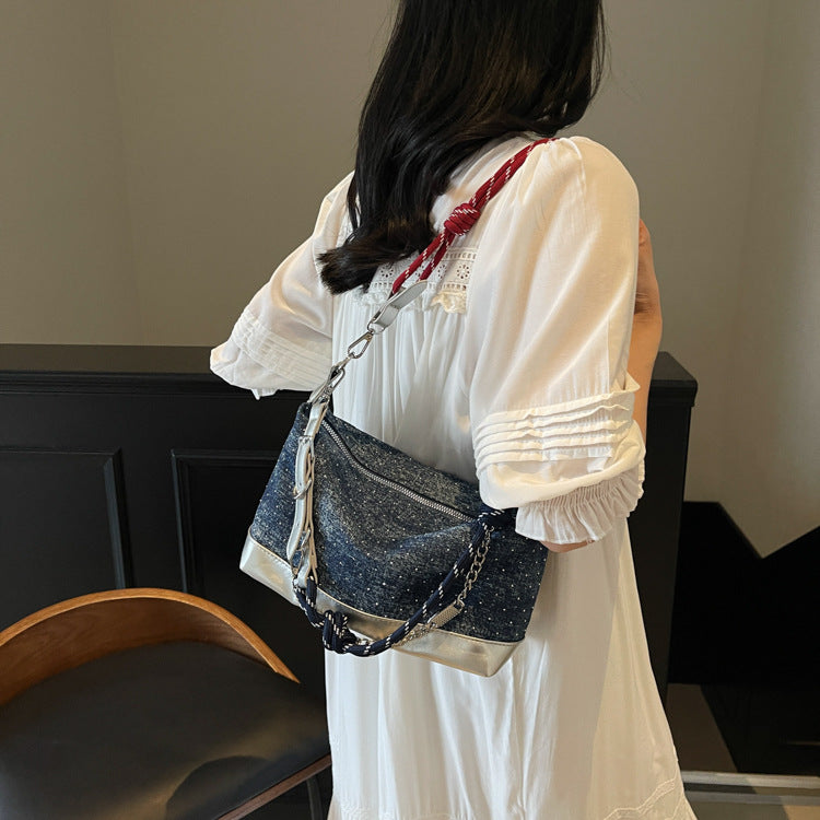 Navy Blue Twisted Strap Denim Tote Bag