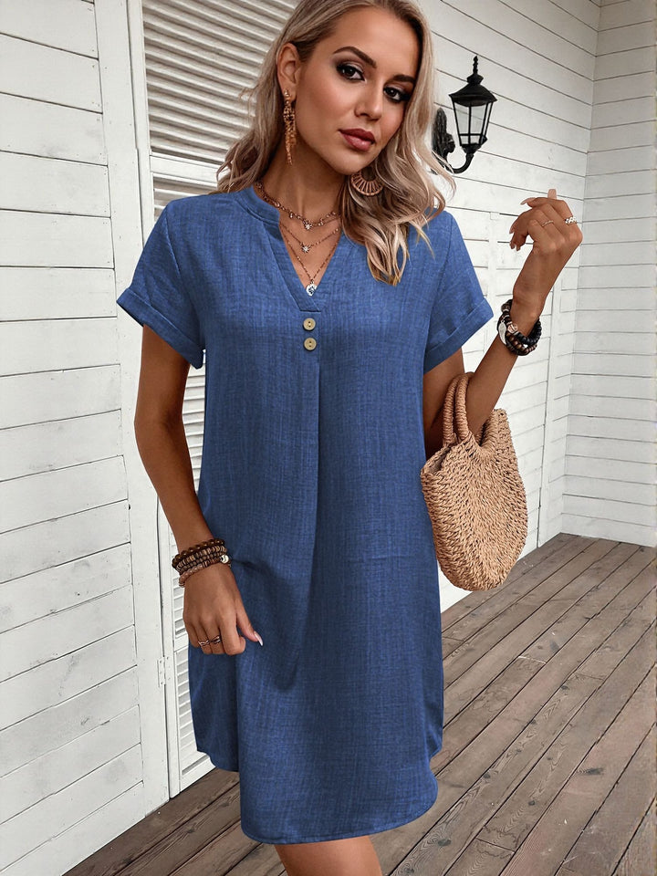 Blue Front Pleat Shift Dress