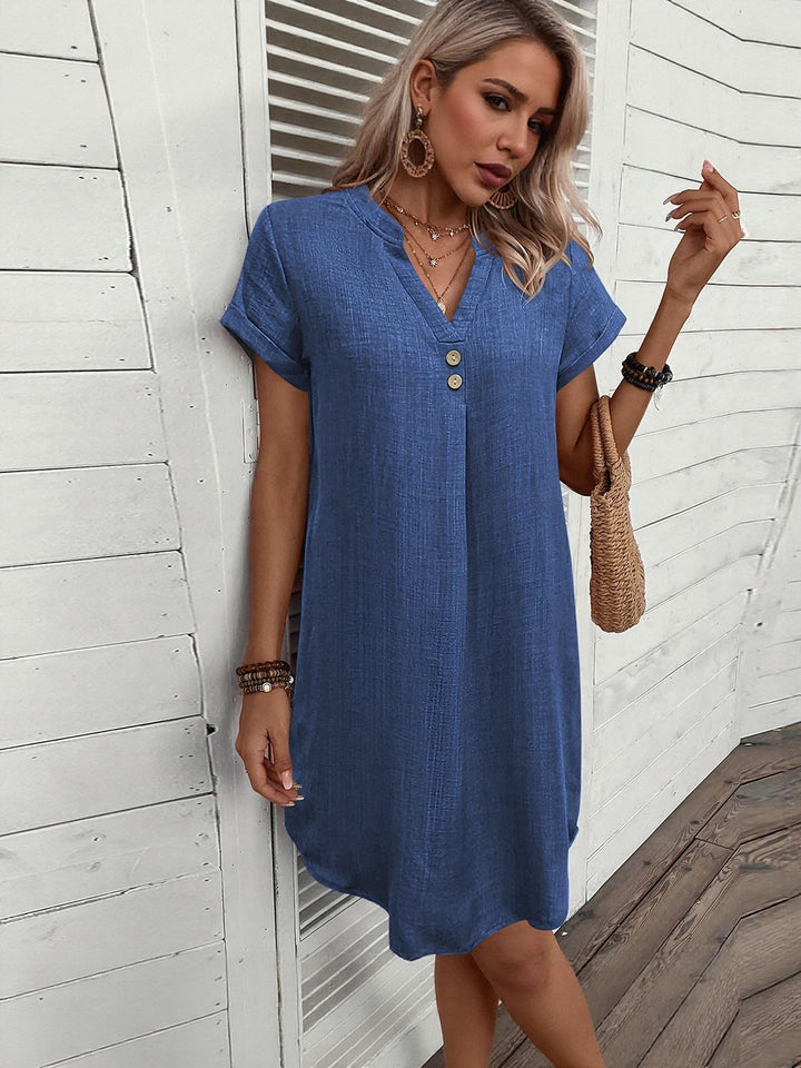 Blue Front Pleat Shift Dress