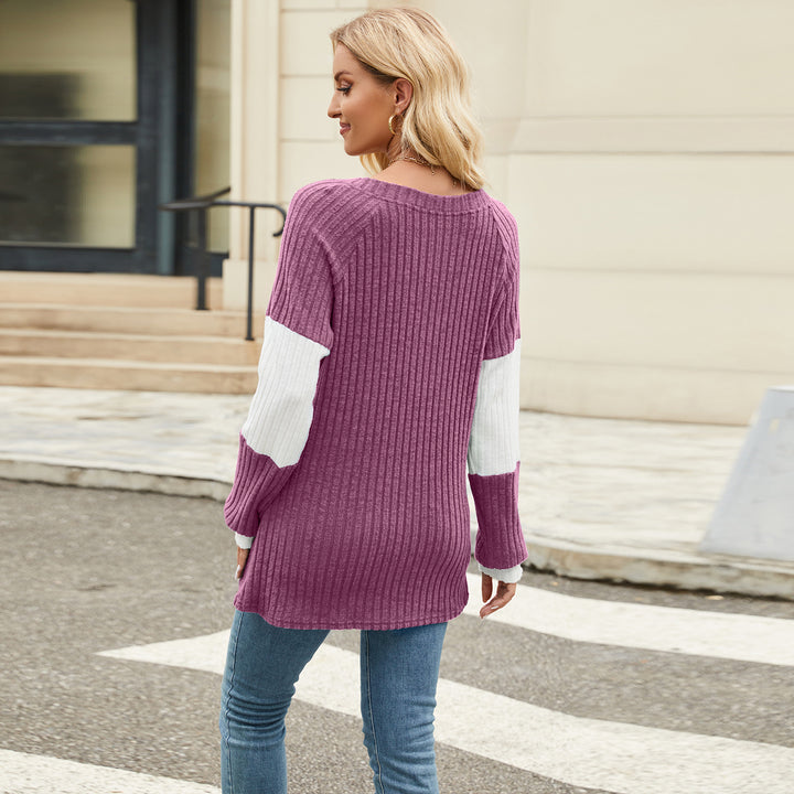 Magenta Full Sleeves Color Block V Neck Top