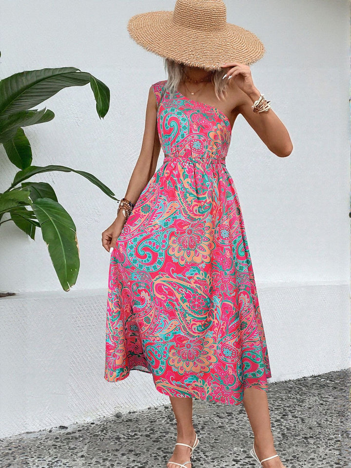 Pink Paisely Print One Shoulder Flared Midi Dress