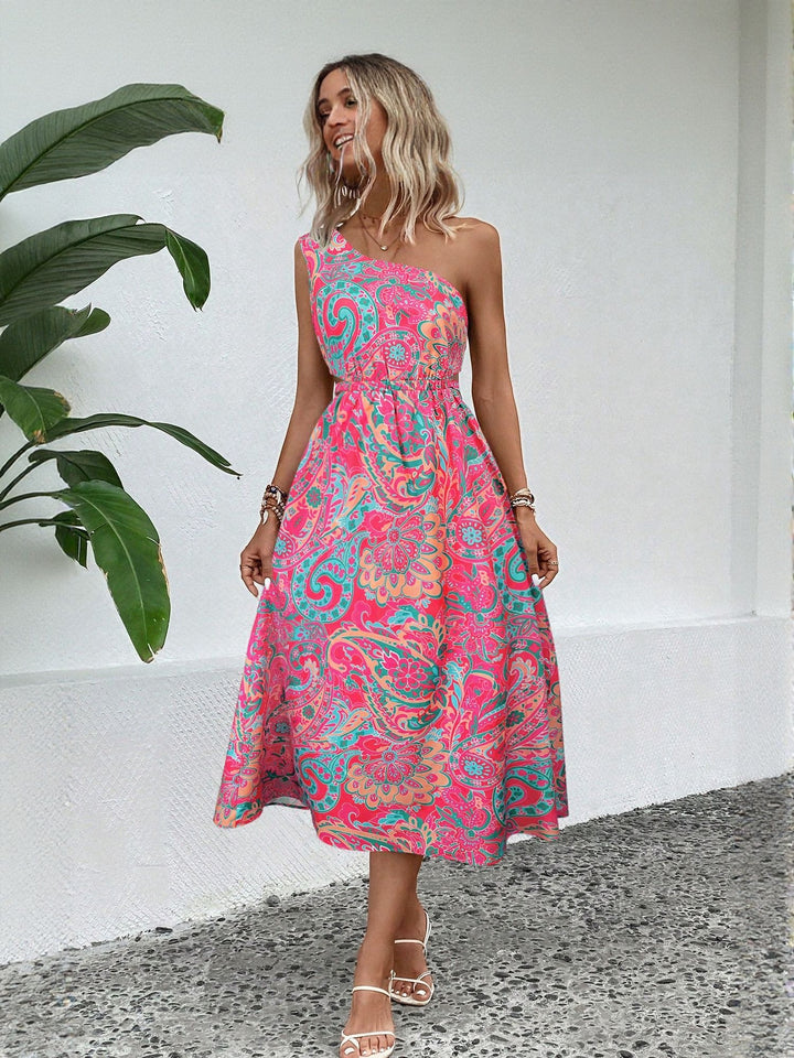 Pink Paisely Print One Shoulder Flared Midi Dress