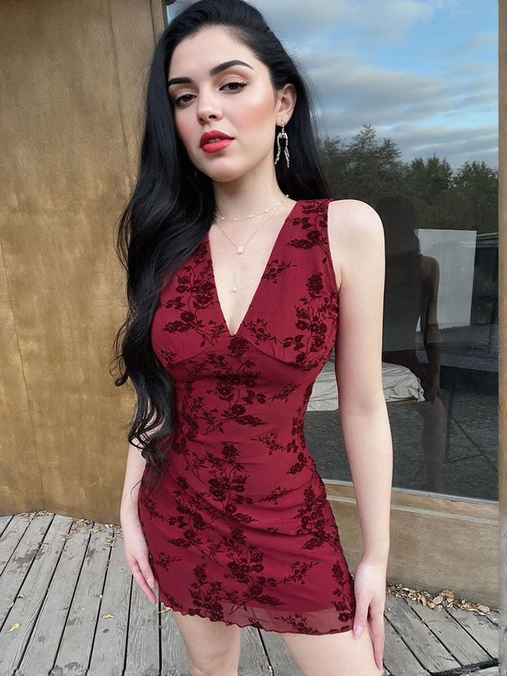 Red Printed Mesh Dress