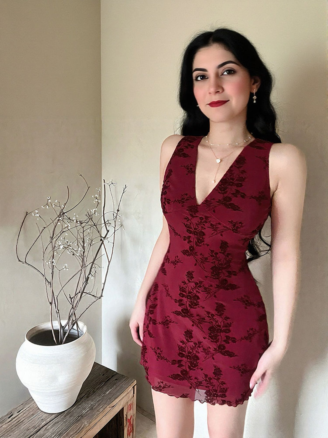 Red Printed Mesh Dress